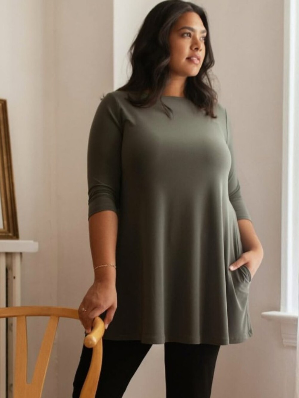 Sympli Clothing Trapeze Tunic 3/4 Sleeves Melange Olive Green Size 4 New!